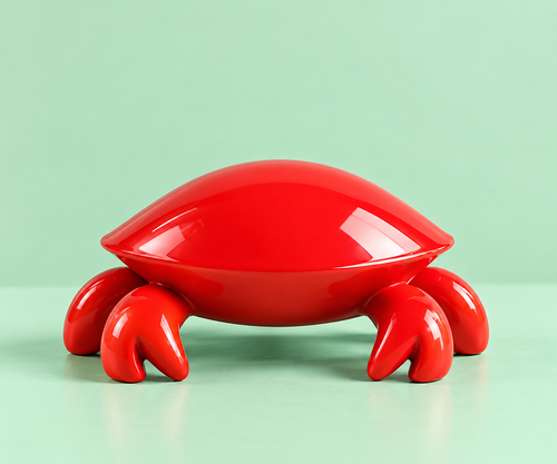 Don't Be Crabby cherry red sculpture on pastel mint background