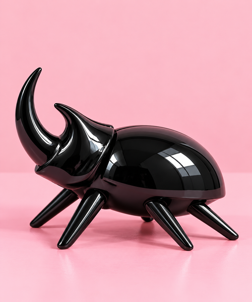 Bug Me Not glossy black beetle sculpture on pastel pink background